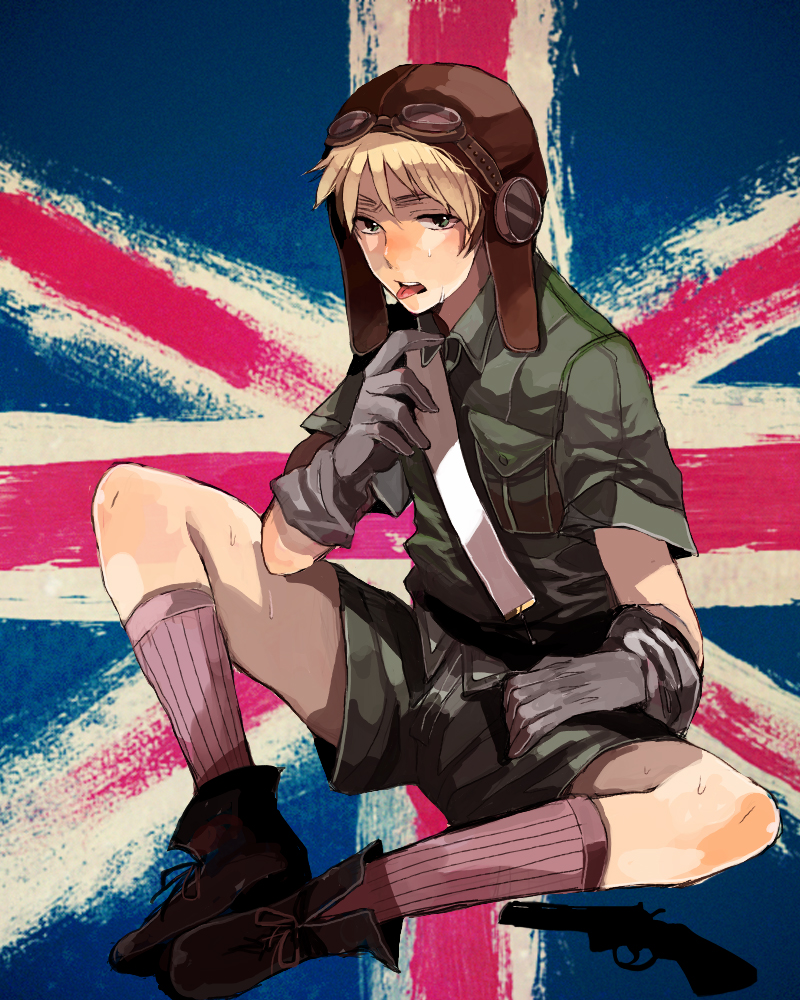 ankle_boots axis_powers_hetalia blonde_hair boots eyebrows flag frown gloves goggles goggles_on_head green_eyes gun hat kneehighs male military military_uniform npa open_mouth shirt shorts sitting socks sweat tongue uniform union_jack united_kingdom united_kingdom_(hetalia) weapon