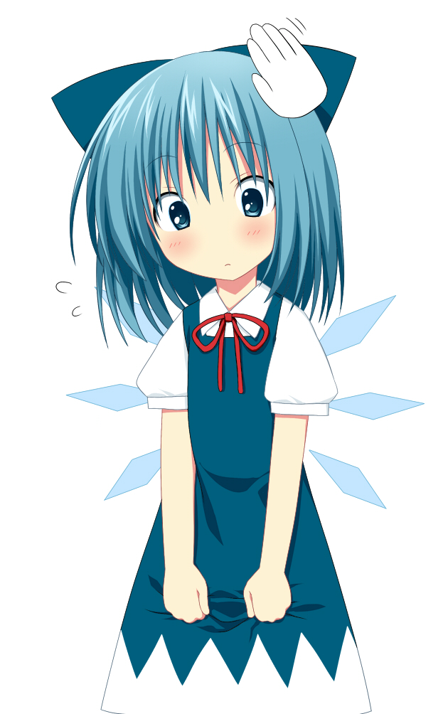 blue_eyes blue_hair blush cirno clothes_grab cowboy_shot cursor disembodied_limb flying_sweatdrops looking_down magic_hand no_nose oniku-chan petting short_hair simple_background solo touhou white_background wings