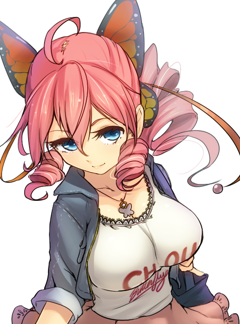 adult ahoge blue_eyes breasts butterfly_hair_ornament casual denim_jacket drill_hair hair_ornament jewelry large_breasts magister_(bigbakunyuu) necklace open_clothes open_jacket original pink_hair sakuraba_himari simple_background sleeves_rolled_up solo taut_shirt twin_drills white_background