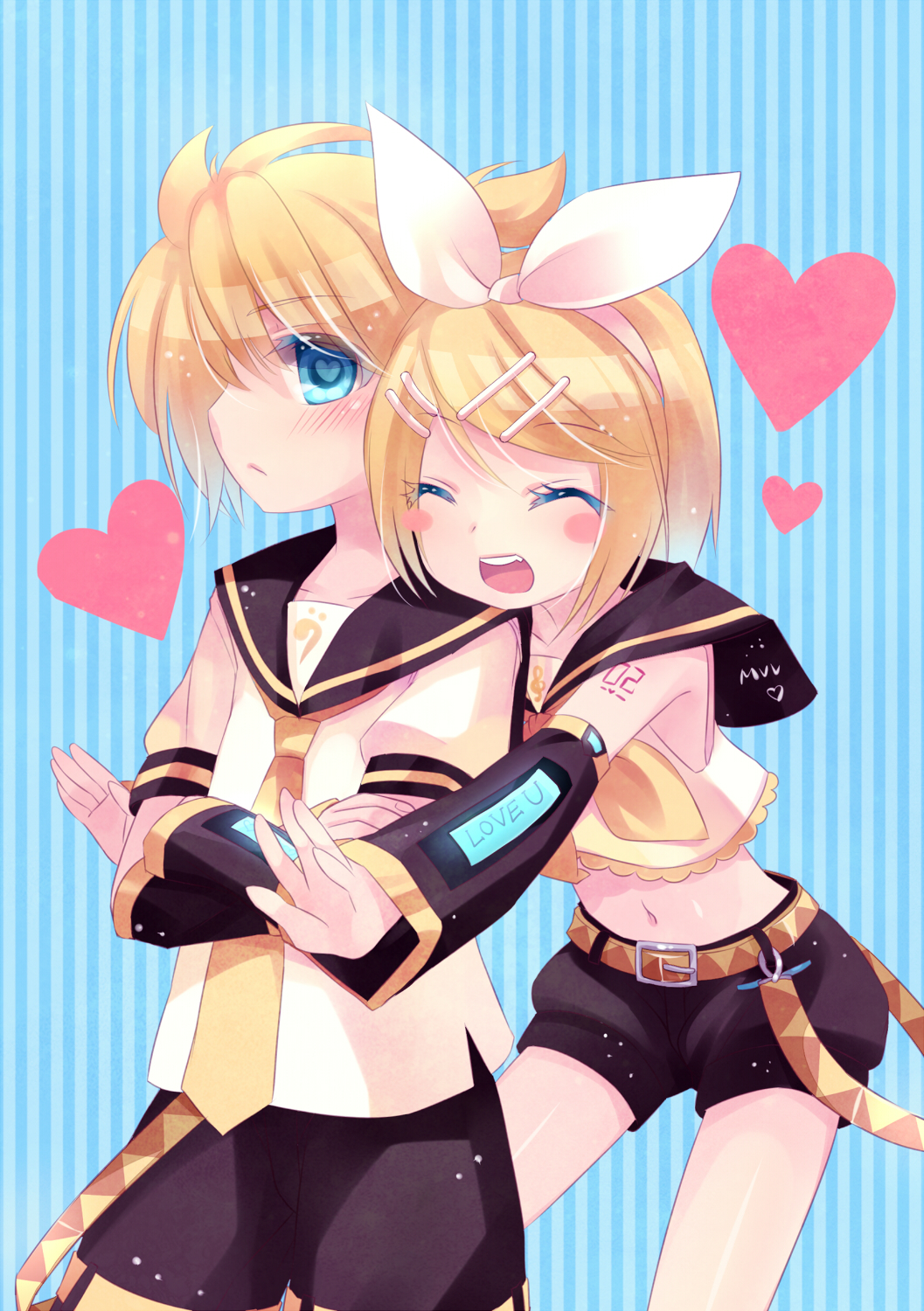 1girl :d ^_^ blush brother_and_sister closed_eyes heart heart-shaped_pupils highres kagamine_len kagamine_rin midriff mvv navel open_mouth siblings smile symbol-shaped_pupils twins vocaloid