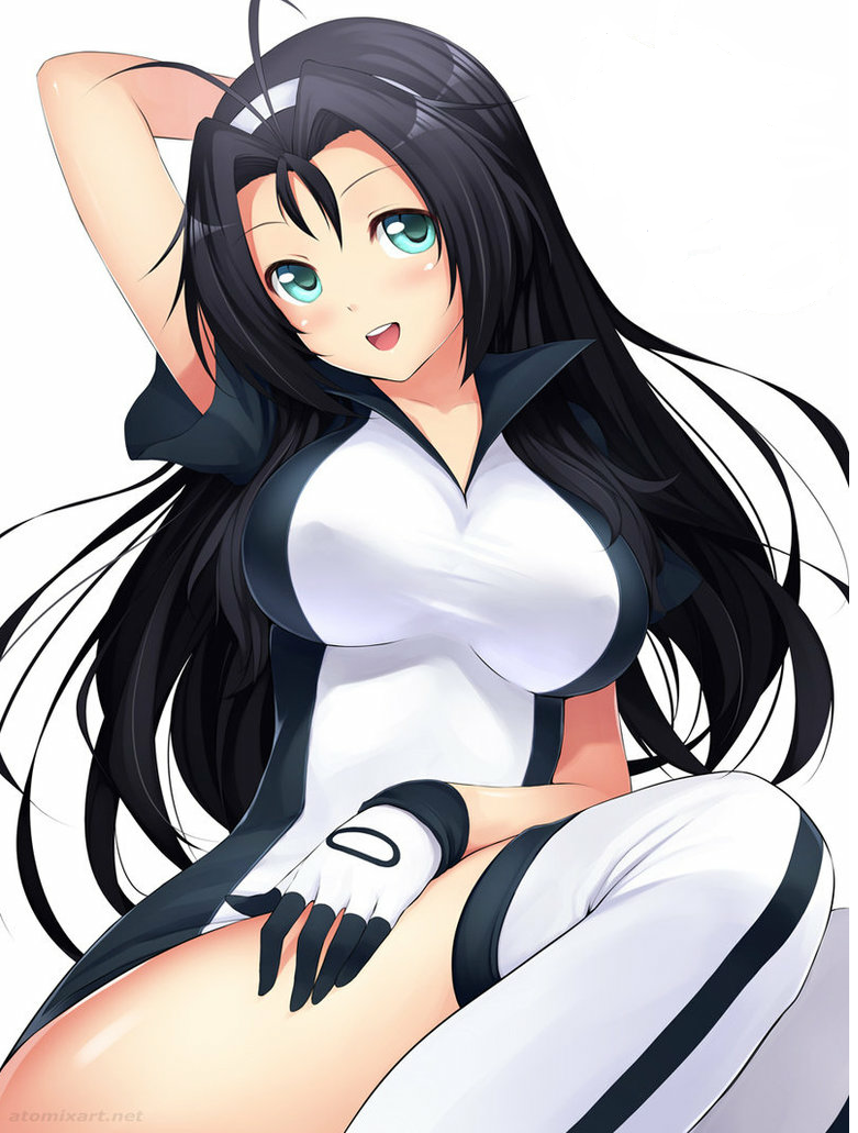 black_hair blue_eyes blush breasts collar curvy gloves hand_behind_head impossible_clothing large_breasts legs smile thigh_highs thighs