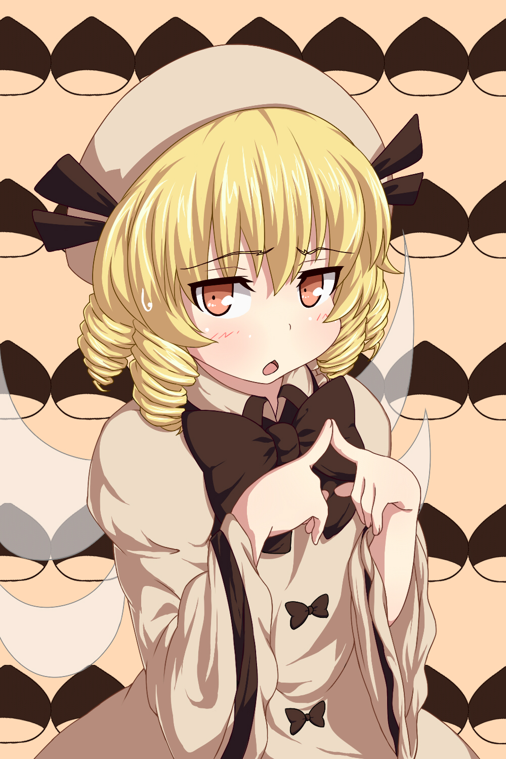 blonde_hair bow brown_background bust chestnut chestnut_mouth dress drill_hair fairy_wings fingers_together hair_bow hat highres long_sleeves looking_at_viewer luna_child omaehadareda-uso red_eyes short_hair solo sweatdrop tongue touhou white_dress wide_sleeves wings