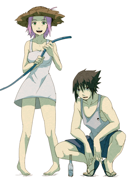 1boy 1girl barefoot eitaaa female haruno_sakura male naruto pink_hair short_hair summer uchiha_sasuke