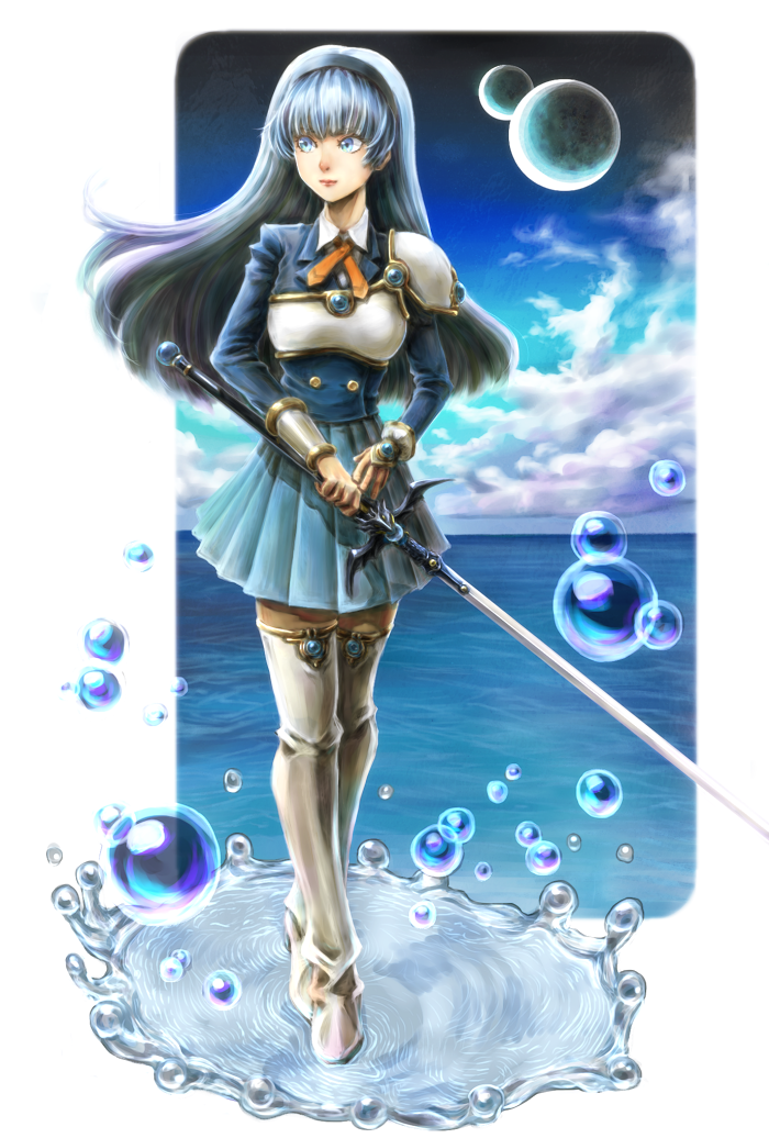 1girl armor armored_dress bangs blazer blue blue_eyes blue_hair blue_jacket blue_skirt boots breastplate closed_mouth full_body garutaisa hairband holding_sword holding_weapon jacket long_hair long_sleeves looking_to_the_side magic_knight_rayearth multiple_moons ocean orange_neckwear pantyhose pleated_skirt rapier ryuuzaki_umi shoulder_armor skirt sky solo standing sword thigh-highs thigh_boots thighhighs walking_on_water water_drop weapon zettai_ryouiki