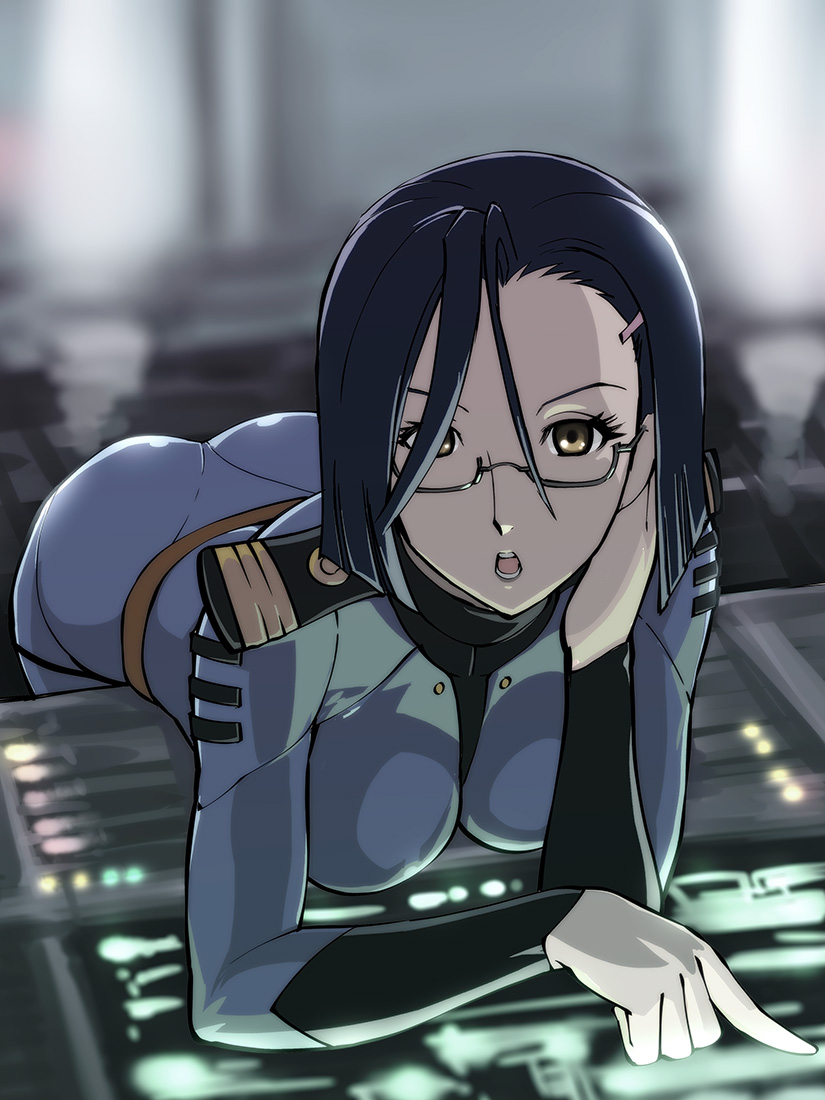 bent_over black_hair bodysuit brown_eyes console glasses leaning_forward military military_uniform niimi_kaoru science_fiction skin_tight solo uchuu_senkan_yamato uchuu_senkan_yamato_2199 ueyama_michirou uniform yellow_eyes