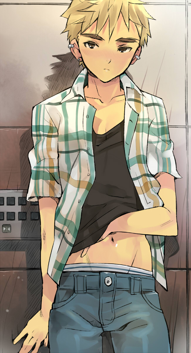 1boy blonde_hair brown_eyes collarbone earrings elevator highres jeans jewelry looking_at_viewer male navel original rand_(artist) shirt shirt_lift short_hair solo standing underwear