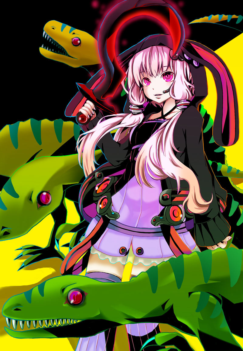 animal_ears bunny_ears dinosaur gin_ji hat headset minecraft pink_eyes pink_hair rabbit_ears red_eyes sharp_teeth solo sword thigh-highs thighhighs twintails vocaloid weapon yuzuki_yukari