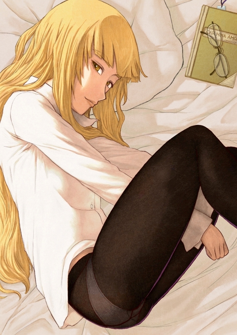 bed bed_sheet between_thighs blonde_hair book bookmark glasses glasses_removed kuro_ari_(pixiv) lips long_hair looking_at_viewer lying no_pants on_side panties panties_under_pantyhose pantyhose perrine_h_clostermann shirt solo strike_witches underwear white_shirt yellow_eyes