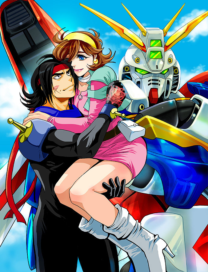 1girl black_hair blue_eyes bodysuit brown_hair carrying couple domon_kasshu earrings g_gundam god_gundam gundam hairband headband hug isi88 jewelry mecha rain_mikamura short_hair