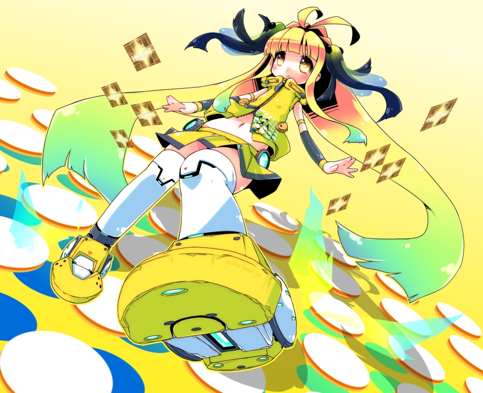 1girl blush copyright_request from_below gradient_hair kneehighs long_hair midriff multicolored_hair navel r_85 skirt sleeveless smile solo twintails very_long_hair yellow_eyes