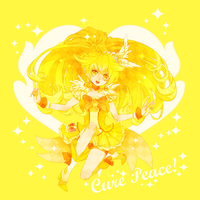 bike_shorts blonde_hair bowtie brooch character_name choker cure_peace dress jewelry kise_yayoi kneeling long_hair magical_girl precure roseria shoes shorts_under_skirt skirt smile smile_precure! solo wrist_cuffs yellow yellow_background yellow_dress yellow_eyes