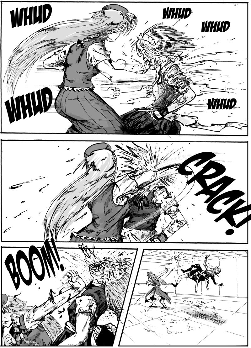 blood comic drsunshine fighting freckles hat hong_meiling in_the_face izayoi_sakuya long_hair monochrome multiple_girls punching tattoo touhou violence