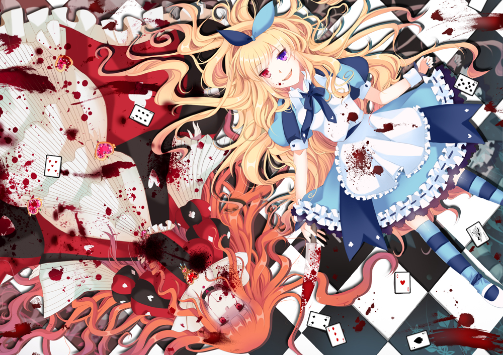 alice_(wonderland) alice_in_wonderland bad_id blonde_hair blood blood_stain card checkered checkered_background clubs diamond diamond_(shape) dress frills heart heterochromia knife long_hair lying maydream multiple_girls orange_hair queen_of_hearts red_eyes ribbon rotational_symmetry smile spade thigh-highs thighhighs zettai_ryouiki