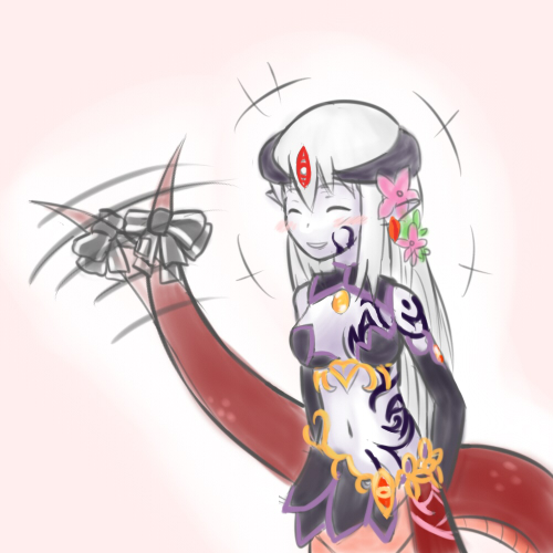 alice_(mon-musu_quest!) alisfieze_fateburn_xvi blush_stickers drawfag elbow_gloves facial_mark flower gloves hair_flower hair_ornament happy horns jewelry lamia long_hair lowres midriff mon-musu_quest! monster_girl navel purple_skin ribbon smile snake solo tail tail_ribbon tail_wagging very_long_hair white_hair