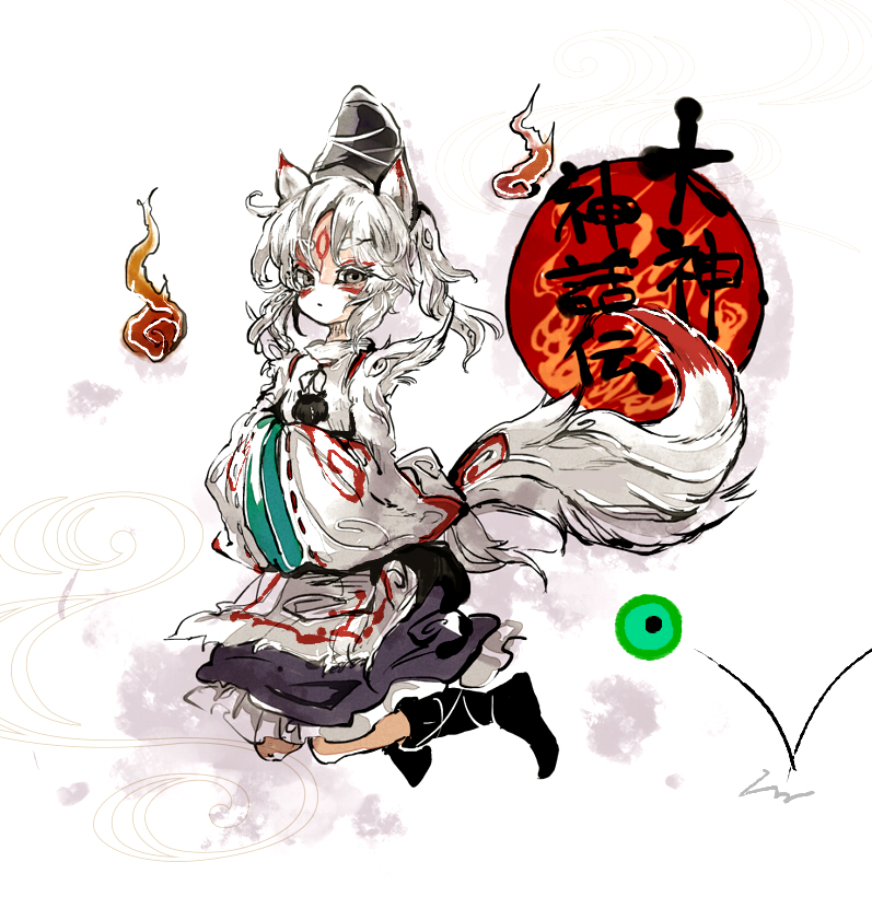 animal_ears cercis crossover grey_eyes hitodama issun japanese_clothes kemonomimi_mode mononobe_no_futo ookami_(game) short_hair solo sword tail tattoo touhou weapon white_hair wolf_ears wolf_tail