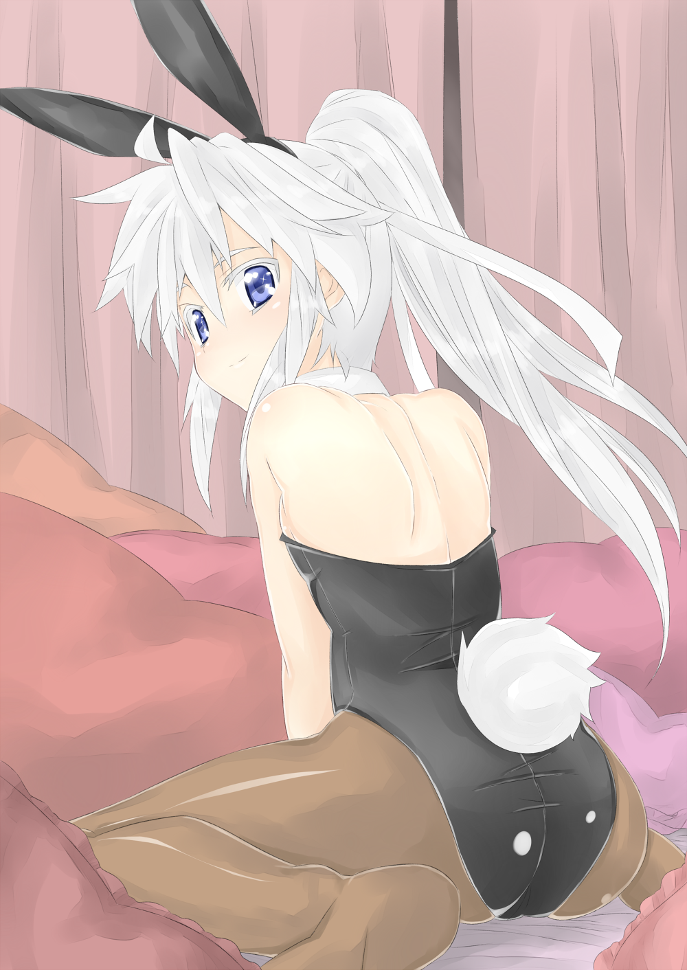 alternate_costume animal_ears ass back bare_shoulders blue_eyes brown_legwear bunny_ears bunny_girl bunny_tail bunnysuit choker curtains highres long_hair looking_back mononobe_no_futo pantyhose pillow ponytail rabbit_ears silver_hair smile solo tail tomuman touhou wrist_cuffs