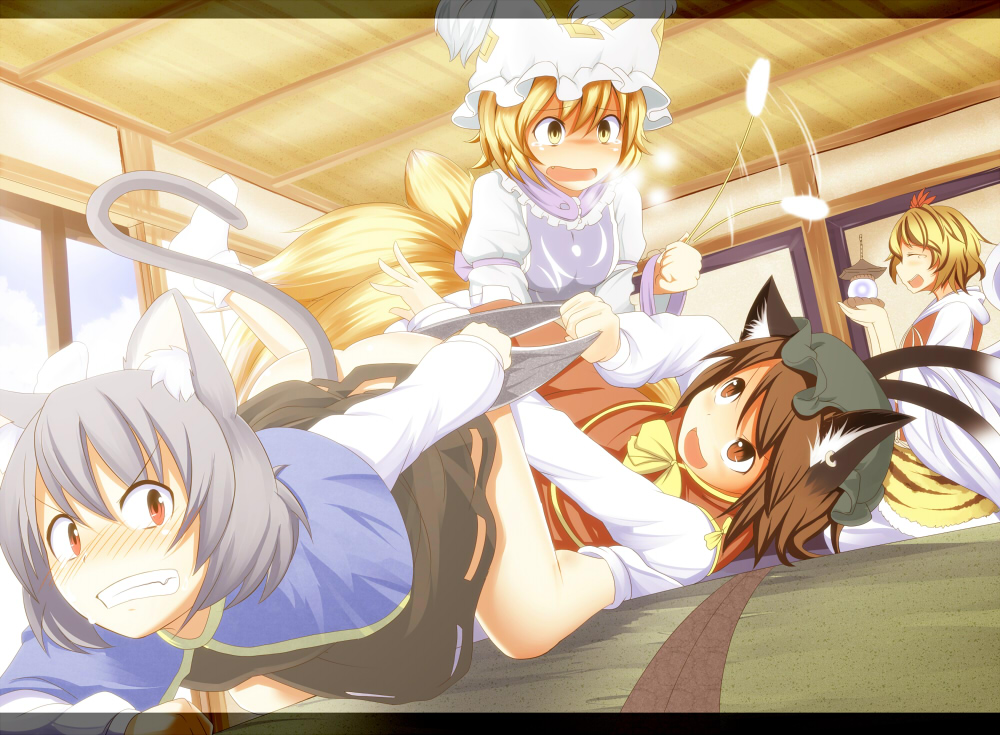 animal_ears ass black_hair blonde_hair blush brown_eyes brown_hair capelet cat_ears cat_tail cat_teaser catnip ceiling chen clenched_teeth closed_eyes dress eyes_closed fang fox_tail fusuma grey_hair grey_panties hair_ornament hat holding indoors jeweled_pagoda jewelry kneeling leg_up letterboxed looking_at_another mouse_ears mouse_tail multicolored_hair multiple_girls multiple_tails nazrin open_door open_mouth panties panty_pull red_eyes short_hair single_earring sitting skirt sliding_doors smile socks tabard tail tamahana tatami tears tiger_print tiger_stripes toramaru_shou touhou two-tone_hair underwear white_legwear yakumo_ran yellow_eyes