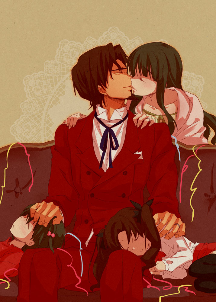 3girls bankoku_ayuya brown_hair child couch facial_hair family fate/zero fate_(series) father_and_daughter formal goatee green_hair kiss long_hair matou_sakura mother_and_daughter multiple_girls short_twintails siblings sisters suit tohsaka_aoi tohsaka_rin tohsaka_tokiomi toosaka_aoi toosaka_rin toosaka_tokiomi twintails young
