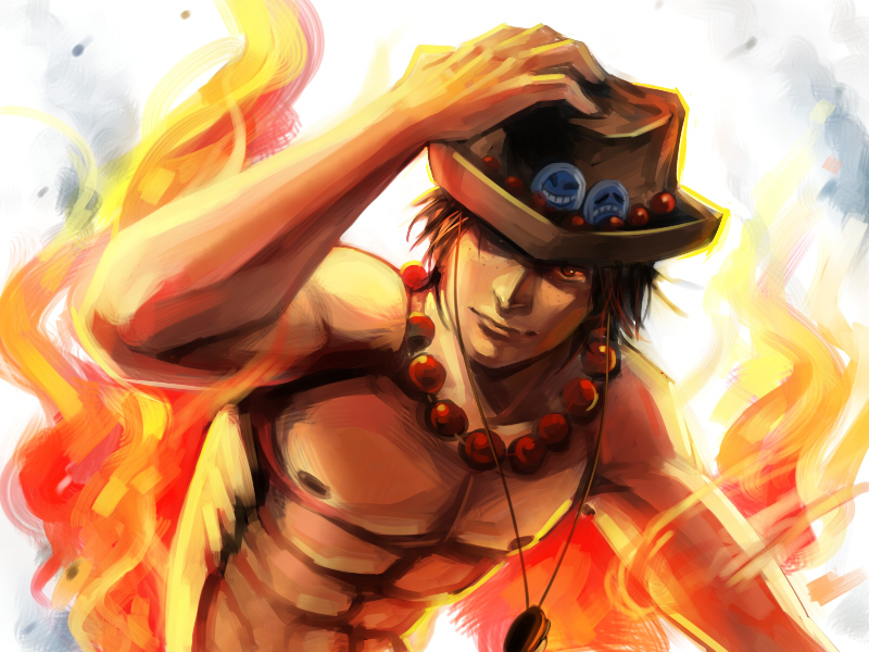 abs beads black_hair brown_eyes fire freckles hand_on_hat hat jewelry magatsumagic male muscle necklace nipples one_piece portgas_d_ace sad_face shirtless smiley_face solo topless