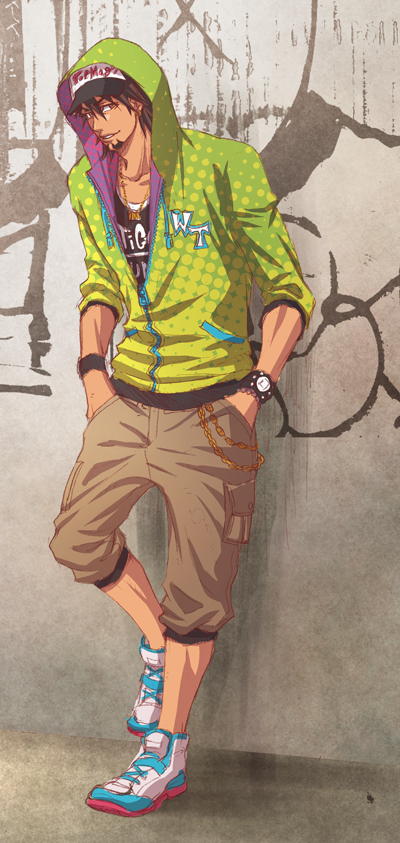 alternate_costume bracelet brown_eyes brown_hair facial_hair graffiti hands_in_pockets hoodie jewelry kaburagi_t_kotetsu lunarclinic male necklace shoes sneakers solo stubble tiger_&amp;_bunny urban watch wristwatch