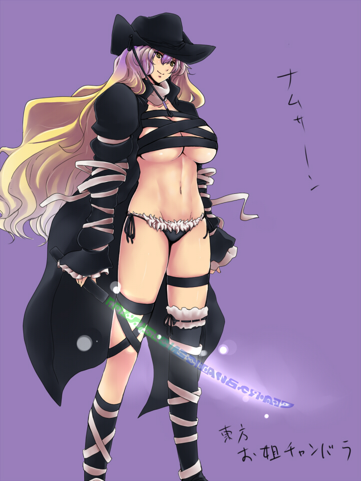 asymmetrical_clothes black_panties breasts brown_hair cape cleavage cowboy_hat gradient_hair hat hijiri_byakuren large_breasts leg_ribbon mound_of_venus multicolored_hair navel no_bra oneechanbara panties purple_hair side-tie_panties simple_background smile solo sorcerer's_sutra_scroll sword thigh_strap tobisawa touhou underwear weapon