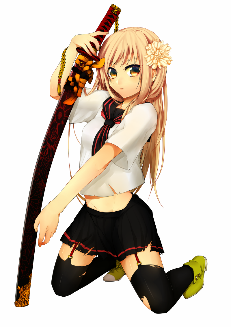 1girl blonde_hair copyright_request flower fujikiti garter_straps hair_flower hair_ornament long_hair midriff navel outstretched_arm school_uniform sheath simple_background skirt solo striped sword thigh-highs thighhighs torn_clothes weapon white_background yellow_eyes zettai_ryouiki