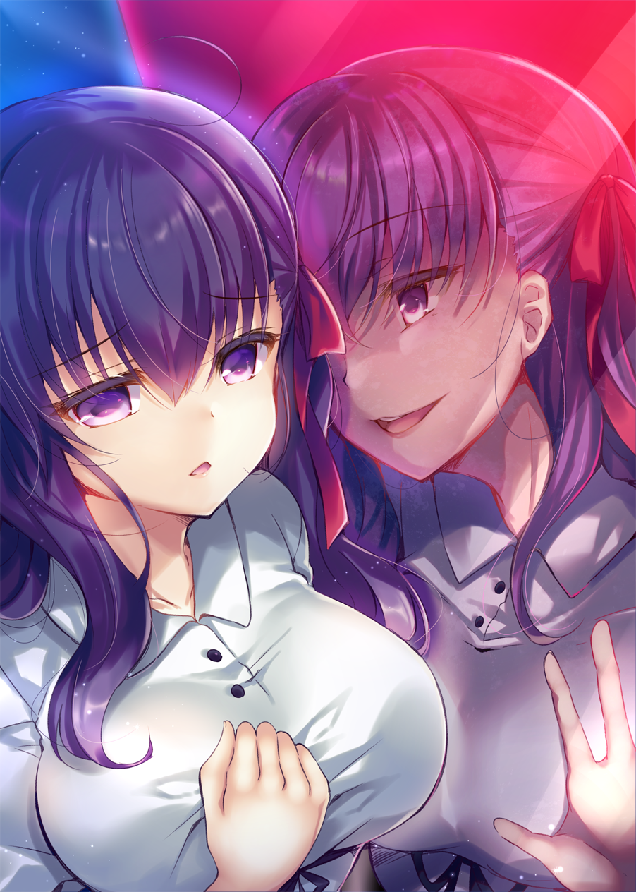 2girls :d bangs black_ribbon bow breasts collared_dress commentary_request dark_persona dress eyebrows_visible_through_hair fate/stay_night fate_(series) hair_between_eyes hair_bow hand_up heaven's_feel highres large_breasts long_hair looking_away matou_sakura multiple_girls open_mouth parted_lips purple_hair red_bow ribbon smile suzunone_rena violet_eyes white_dress