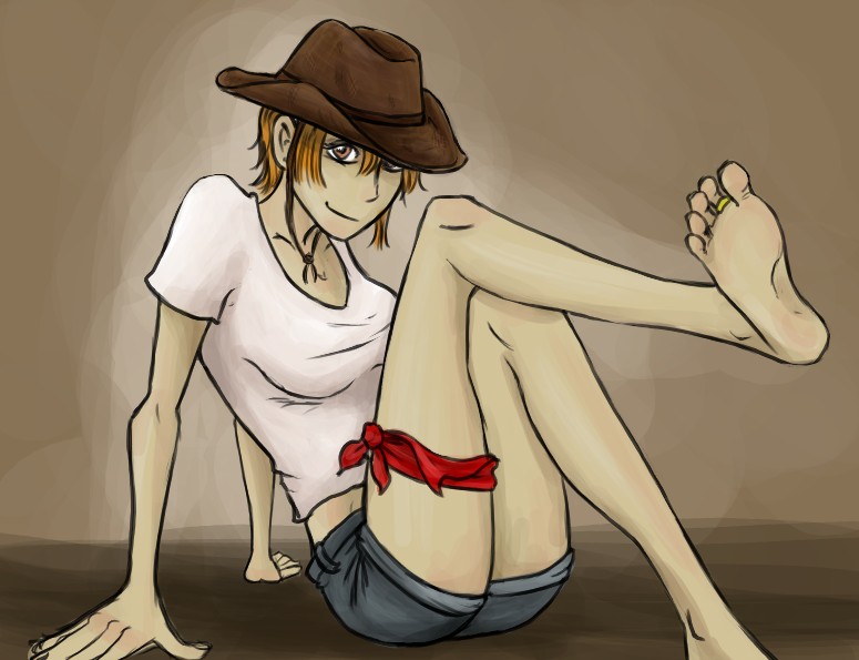 cowboy_hat crossed_legs feet flirting hair hat jewelry midriff nami one_piece orange orange_hair red ring scarf short_hair shorts sitting soles toe_ring toes western white_shirt