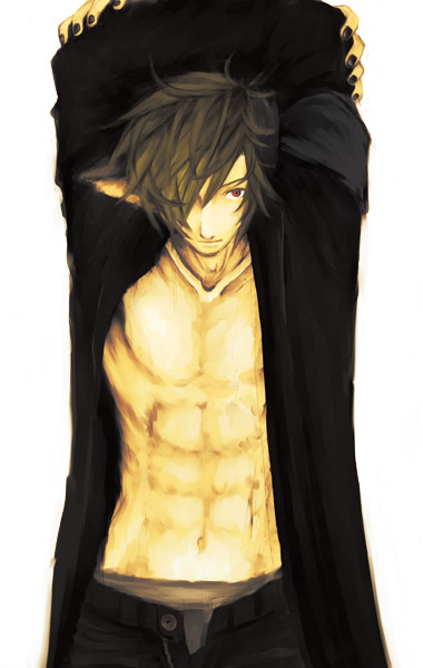 animal_ears brown_hair hair_over_one_eye male muscle nail_polish open_pants open_shirt red_eyes solo