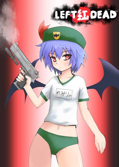 1girl buruma desert_eagle flashlight gun handgun hat left_4_dead left_4_dead_2 midriff parody red_eyes remilia_scarlet touhou weapon wings