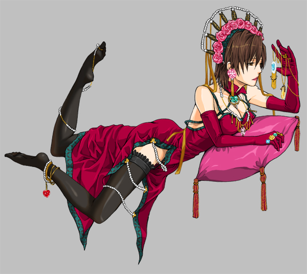 brown_eyes brown_hair dress earrings elbow_gloves flower gloves hair_flower hair_ornament jewelry kotokoto meiko necklace ring rose short_hair simple_background solo thigh-highs thighhighs vocaloid zettai_ryouiki