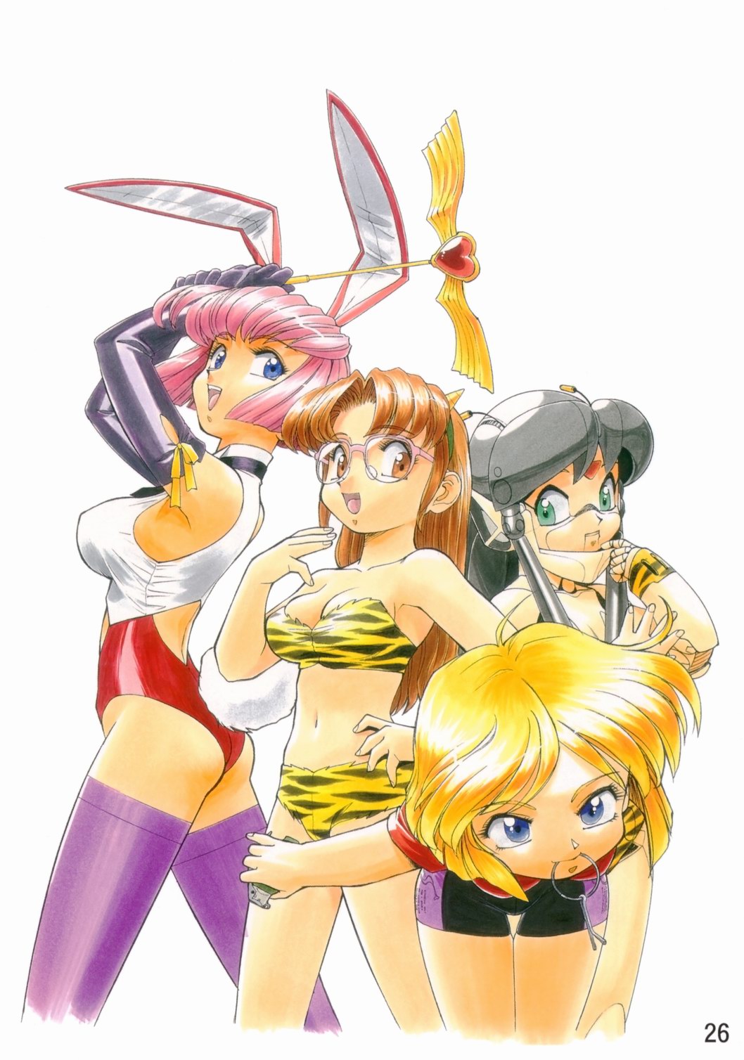 80s 90s animal_ears arms_up ass bike_shorts bikini blonde_hair blue_eyes bob_cut breasts brown_eyes brown_hair bunny_ears cleavage cosplay crossover elbow_gloves explosive flat_chest glasses gloves green_eyes grenade gunsmith_cats hand_on_hip heart highres holding horns large_breasts leaning leotard looking_at_viewer looking_back lum midriff minnie_may_hopkins misty_may mouth_hold multiple_girls navel oldschool open_mouth otaku_no_video purple_legwear rabbit_ears raised_hand robot satou_yuri_(otaku_no_video) short_hair shorts simple_background smile sonoda_ken'ichi sonoda_kenichi standing swimsuit teeth thigh-highs thighhighs tiger_print tongue urusei_yatsura wand wings