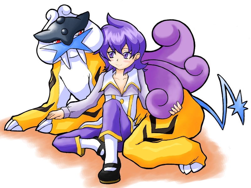 1girl :3 blush ebifly_(dokudoku) lila_(pokemon) pokemon pokemon_(creature) purple_hair raikou sitting violet_eyes