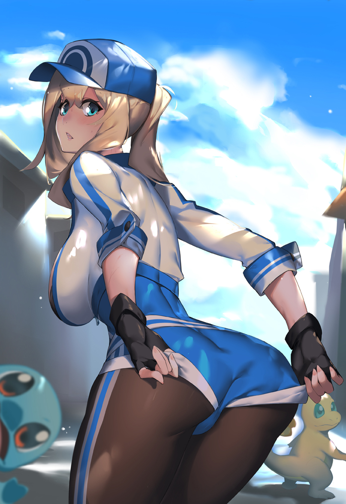 1girl adjusting_clothes aqua_eyes ass bangs baseball_cap black_gloves black_legwear blonde_hair blue_shorts breasts charmander clouds cropped_jacket dappled_sunlight female_protagonist_(pokemon_go) fingerless_gloves fingernails from_behind gloves guratan hat jacket large_breasts leaning_forward looking_at_viewer looking_back open_mouth outdoors pantyhose pokemon pokemon_go ponytail shorts shorts_tug sidelocks skin_tight sky sleeves_folded_up solo squirtle sunlight white_jacket zipper