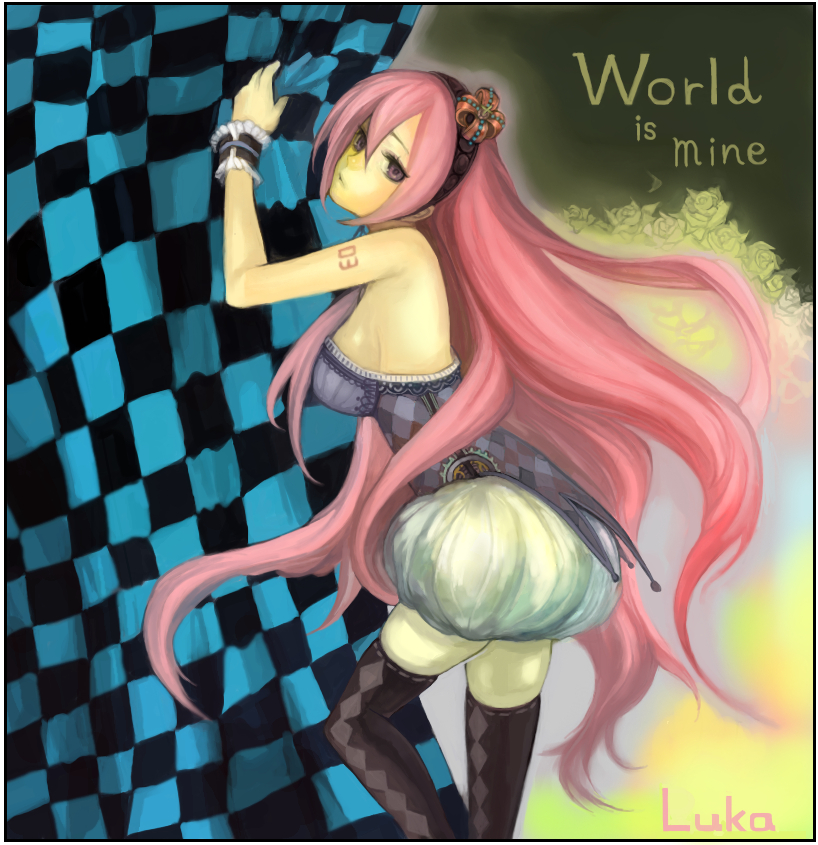 bad_id breasts crown hair_ornament megurine_luka pink_hair sideboob tcb thigh_highs thighhighs very_long_hair violet_eyes vocaloid world_is_mine_(vocaloid)