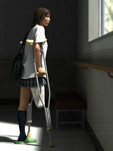 amputee asian bag brown_hair crutch realistic schoolgirl skirt yoshitaka_kawakami