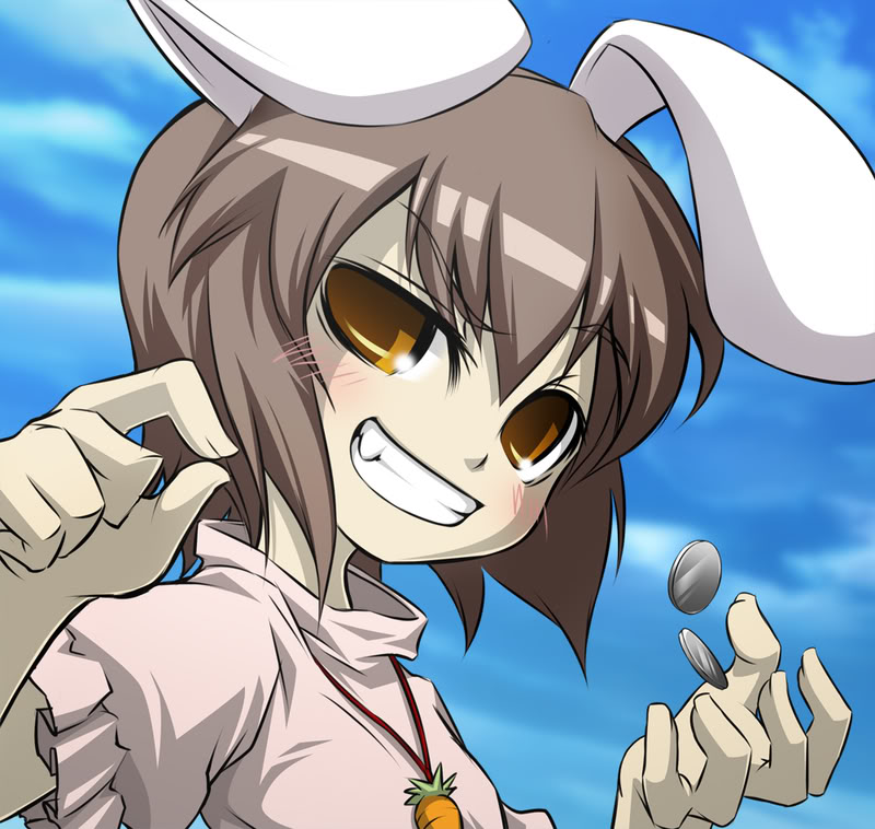 blush brown_eyes brown_hair bunny_ears carrot coin evil_grin evil_smile fang grin inaba_tewi jewelry necklace noya rabbit_ears short_hair smile solo touhou