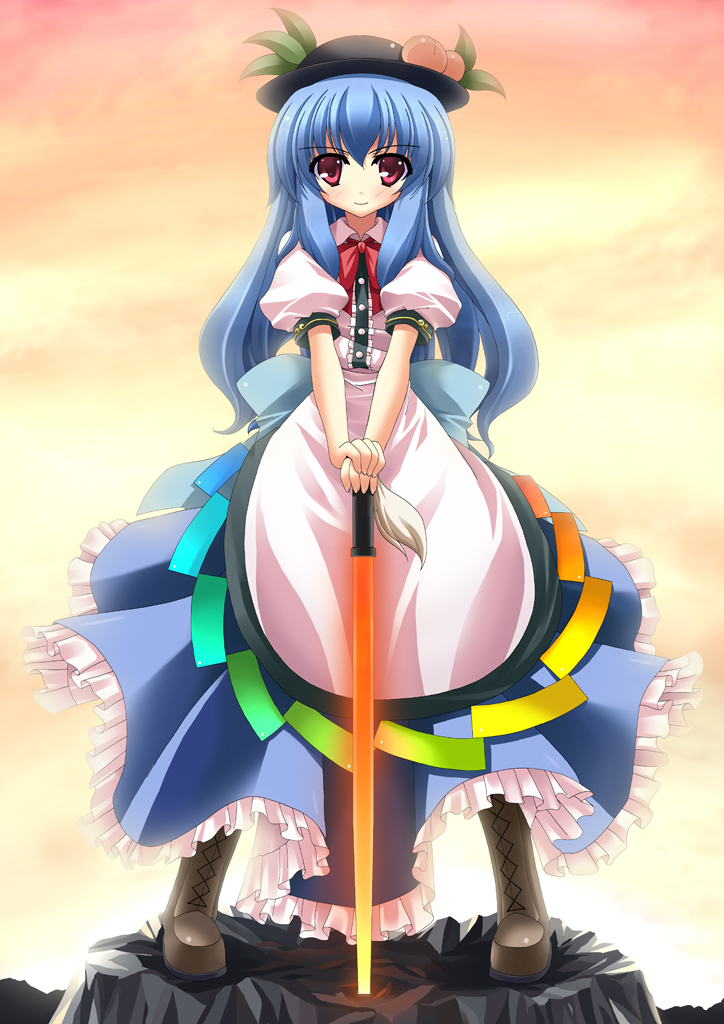 blue_hair blush boots food frills fruit hat hinanawi_tenshi long_skirt peach rapattu red_eyes skirt stone sword sword_of_hisou touhou weapon