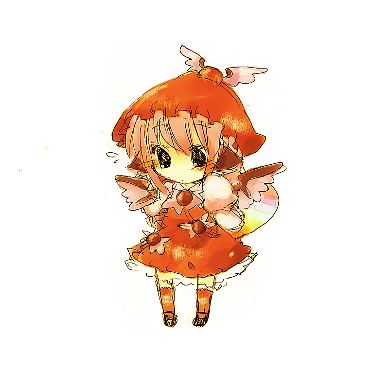 arms_behind_back bad_id black_eyes blush bow brown chibi dress hair_bow hat kneehighs legs looking_down mary_janes mystia_lorelei no_nose piyyoota shoes short_hair shy simple_background sketch socks touhou white_background wings