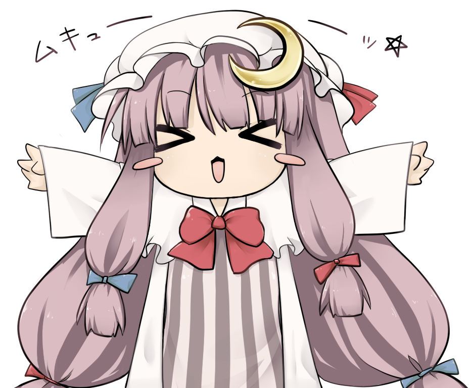 &gt;:3 &gt;_&lt; :3 bad_id blush_stickers chibi crescent crescent_moon hat long_hair mukyuu open_mouth patchouli_knowledge purple_hair ribbon solo tefun touhou x3