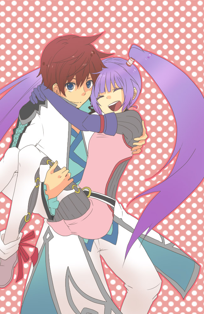 1girl asbel_lhant bad_id blue_eyes brown_hair carrying long_hair princess_carry purple_hair smile sophie_(tales_of_graces) tales_of_(series) tales_of_graces twintails