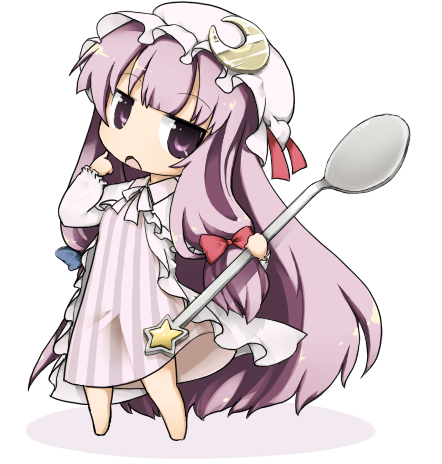 :&lt; bad_id barefoot chibi crescent crescent_moon hair_ribbon hat long_hair lowres open_mouth patchouli_knowledge pointing purple_eyes purple_hair ribbon solo spoon star tefun touhou very_long_hair violet_eyes