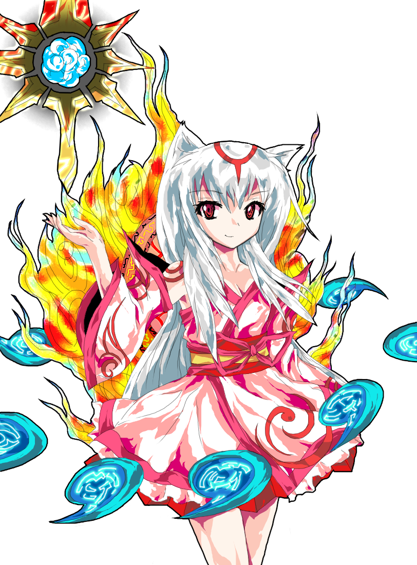 alphes_(style) amaterasu animal_ears bare_shoulders detached_sleeves fire formless_god japanese_clothes kimono long_hair magatama okami parody personification red_eyes smile solo style_parody sword tail touhou weapon white_hair wolf_ears wolf_tail