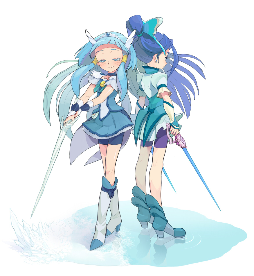 2girls :&gt; aoki_reika bike_shorts blue blue_dress blue_hair blush boots closed_eyes color_connection creator_connection cure_aqua cure_beauty cure_fleuret dress eyes_closed hair_tubes head_wings ice ice_sword long_hair magical_girl minazuki_karen multiple_girls payot ponytail power_connection precure shoes shorts_under_skirt skirt smile smile_precure! sword tiara weapon yes!_precure_5