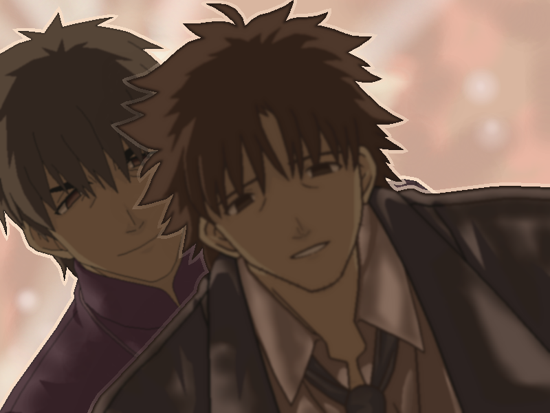 black_hair brown brown_hair derivative_work emiya_kiritsugu evil_smile facial_hair fate/zero fate_(series) gyess963 kotomine_kirei male multiple_boys muted_color official_style parody smile stubble style_parody takeuchi_takashi_(style) you_gonna_get_raped