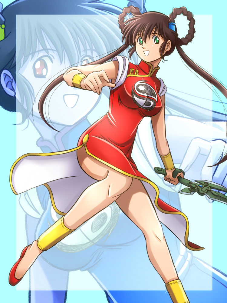 anklet blue_background brown_hair china_dress chinese_clothes fujii_satoshi green_eyes hair_rings jewelry long_hair long_legs mamono_hunter_youko mano_youko no_socks shoes side_slit smile solo sword twintails weapon yin_yang zoom_layer