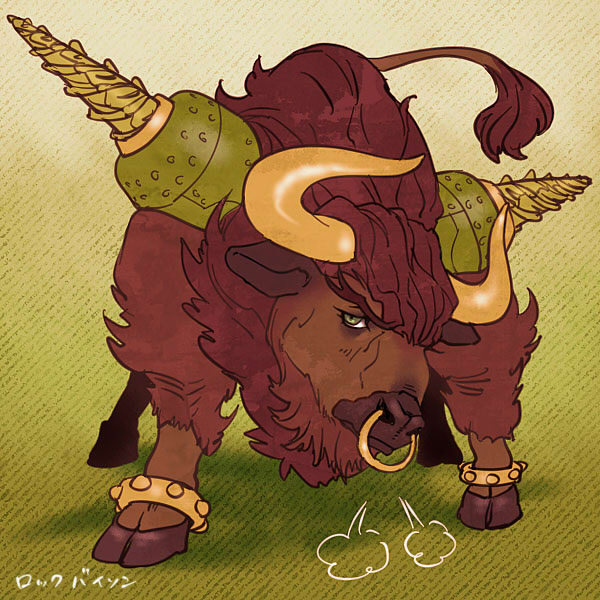 bison bull drill horns mamemo_(daifuku_mame) no_humans nose_ring rock_bison shoulder_pads solo superhero tiger_&amp;_bunny