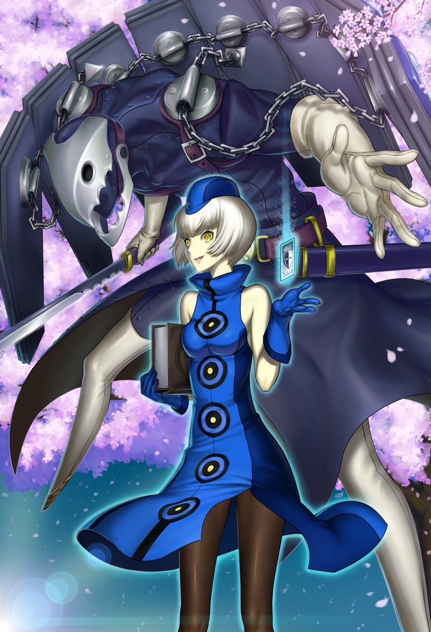 bare_shoulders book brown_legwear chain chains elizabeth_(persona) floating_card gloves hat highres kyodairobo pantyhose persona persona_3 persona_4:_the_ultimate_in_mayonaka_arena short_hair thanatos yellow_eyes