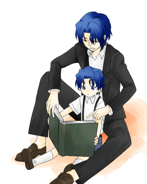 2boys age_difference book child family fate/zero fate_(series) father_and_son formal holding holding_book kohetake_(ronpaxronpa) matou_byakuya matou_shinji multiple_boys reading simple_background sitting suit suspenders young