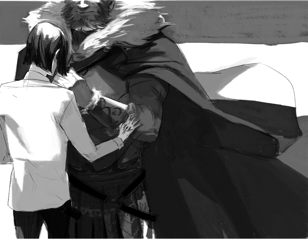 amei armor beard black_hair cape facial_hair fate/zero fate_(series) male monochrome multiple_boys rider_(fate/zero) short_hair waver_velvet